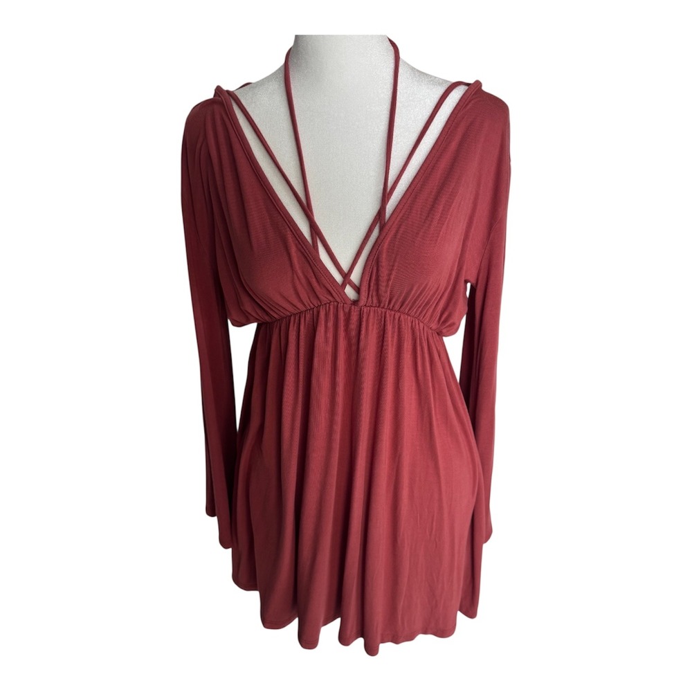 Fashion Nova M Rust Strappy Deep V Plunge Mini Dress Long‎ Sleeve Y2K Flowy Fall